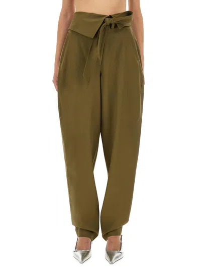 Attico Wool Gabardine Trousers High Waist Tie Wide Leg In Green