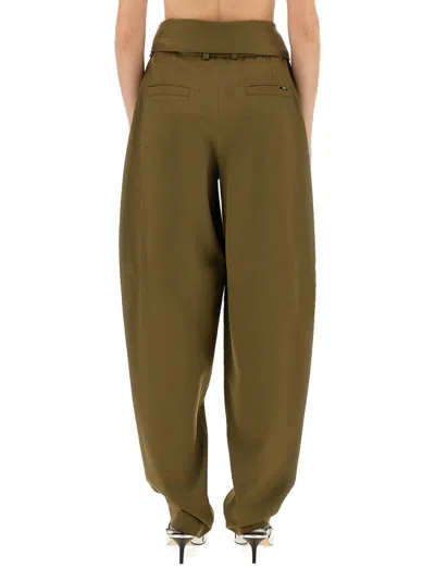 Attico Wool Gabardine Trousers High Waist Tie Wide Leg In Green