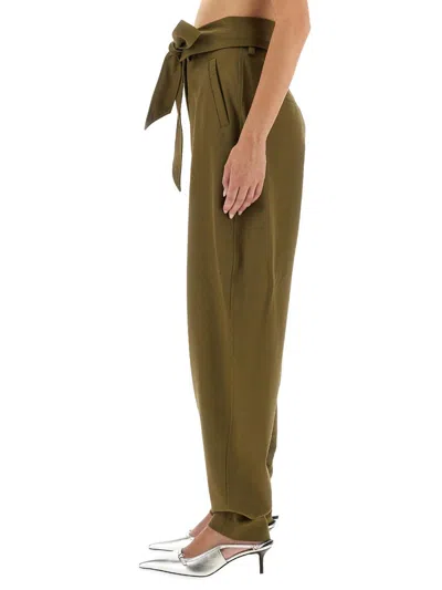 Attico Wool Gabardine Trousers High Waist Tie Wide Leg In Green