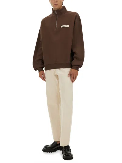 Jacquemus Grosgrain Sweatshirt With Turtleneck And Half-zip Closure In Brown