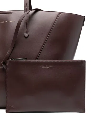 Brunello Cucinelli Bead-embellished Leather-trimmed Suede Tote In Red