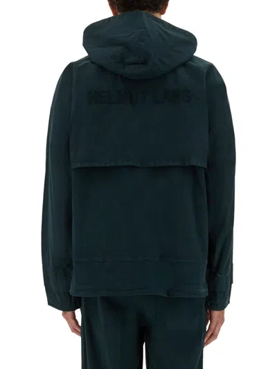 Helmut Lang Layered Design Hooded Windbreaker In Blue