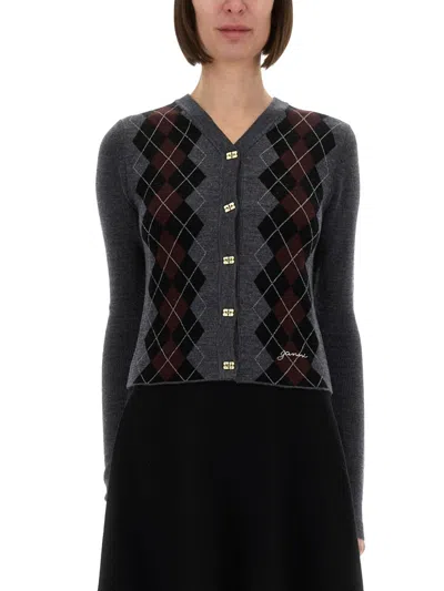 Ganni Grey Cropped Cardigan Wih V Neck And Checkmotif On The Front In Gray