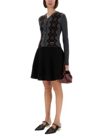 Ganni Grey Cropped Cardigan Wih V Neck And Checkmotif On The Front In Gray