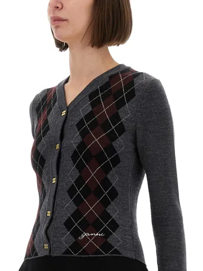 Ganni Grey Cropped Cardigan Wih V Neck And Checkmotif On The Front In Gray