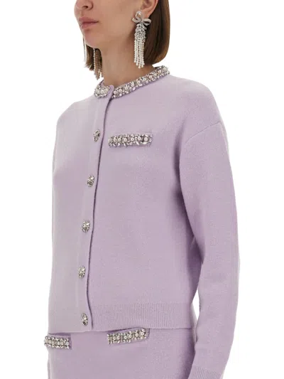 Self-portrait Knitted Cardigan With Crystals In Purple