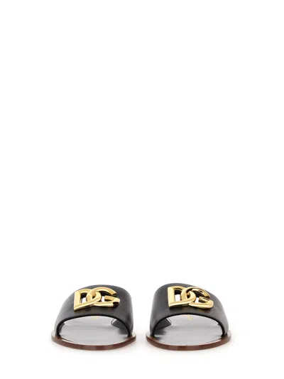 Dolce & Gabbana Black Calf Leather Bianca Slides