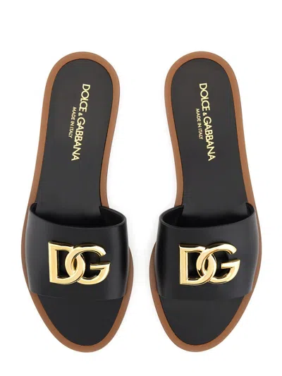 Dolce & Gabbana Black Calf Leather Bianca Slides