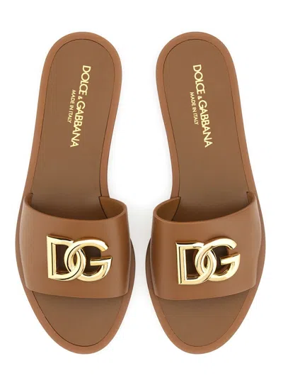 Dolce & Gabbana Camel Calf Leather Bianca Slides In Multi