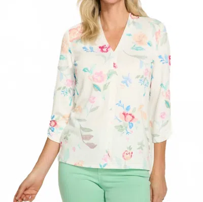 Fdj 3/4 Sleeve V-neck Top In Libby Print In White