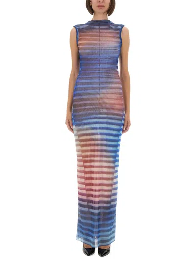 Jean Paul Gaultier Mesh Printed "air" Long Dress In Blue