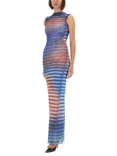 Jean Paul Gaultier Mesh Printed "air" Long Dress In Blue