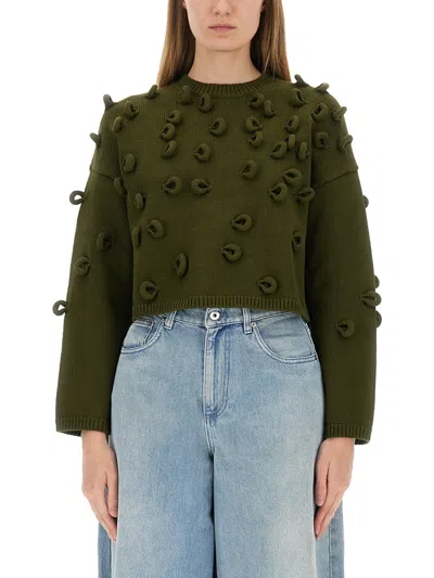 Jw Anderson J. W. Anderson Textured Green Cropped Jersey With Loop Embellishments In Green