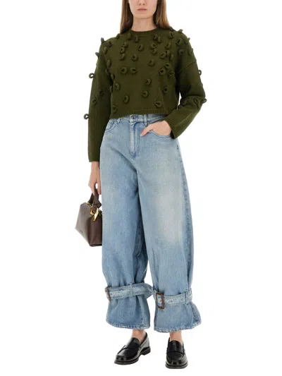 Jw Anderson J. W. Anderson Textured Green Cropped Jersey With Loop Embellishments In Green