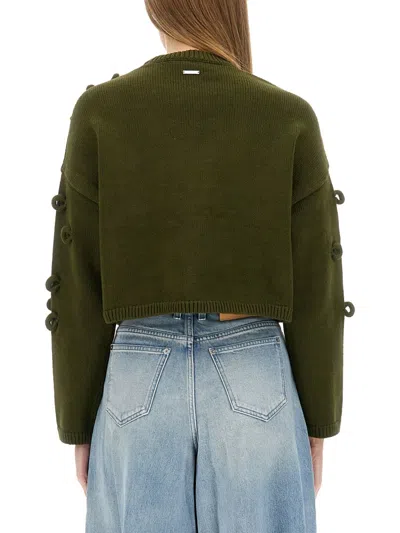Jw Anderson J. W. Anderson Textured Green Cropped Jersey With Loop Embellishments In Green