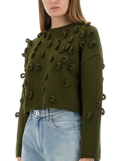 Jw Anderson J. W. Anderson Textured Green Cropped Jersey With Loop Embellishments In Green