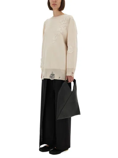 Mm6 Maison Margiela Mm6 By Maison Margiela Oversized Mesh Sweater With Worn Effect Details In Neutral