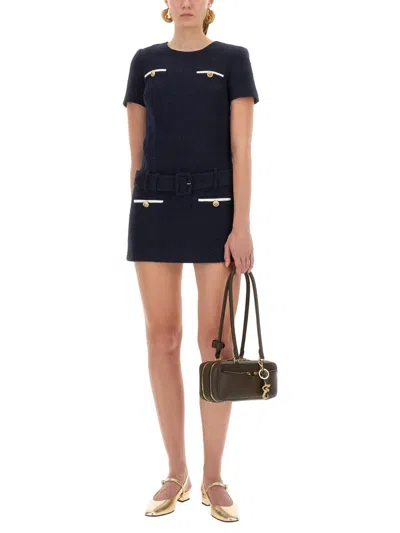 Self-portrait Textured Boucle Mini Dress With Belted Waist And Gold-tone Accents In Blue