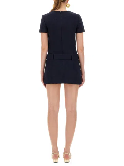 Self-portrait Textured Boucle Mini Dress With Belted Waist And Gold-tone Accents In Blue
