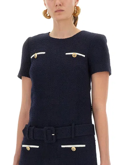 Self-portrait Textured Boucle Mini Dress With Belted Waist And Gold-tone Accents In Blue