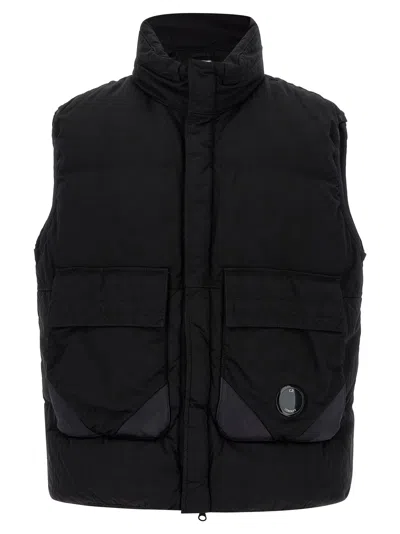 C.p. Company Black Vest With Mock Drawstring Neck And Logo Plaque On The Front In Black