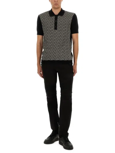 Balmain Wool And Linen Polo Shirt With Monogram Motif In Black