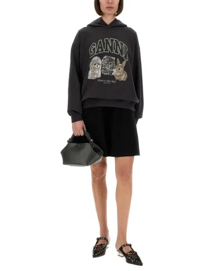 Ganni Oversize Cotton Sweatshirt With Hood And Graphic Print In Gray