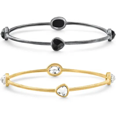 Pompeii3 18k Gold Plated Silver Set Of Two Onyx/topaz Bangle Bracelet 2mm In Gold