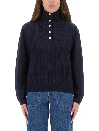 Apc A.p.c. Textured Cable Knit Regular Fit Shirt With High Neck In Blue