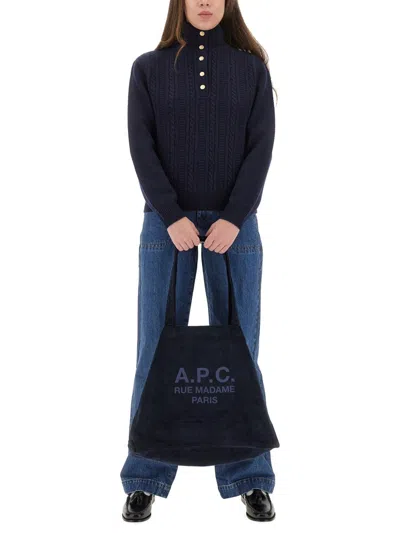 Apc A.p.c. Textured Cable Knit Regular Fit Shirt With High Neck In Blue