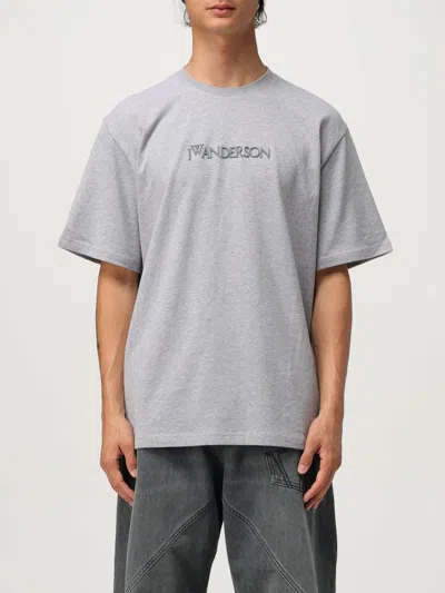 Jw Anderson Grey Crewneck T-shirt With Logo Embroidery On The Front In Gray