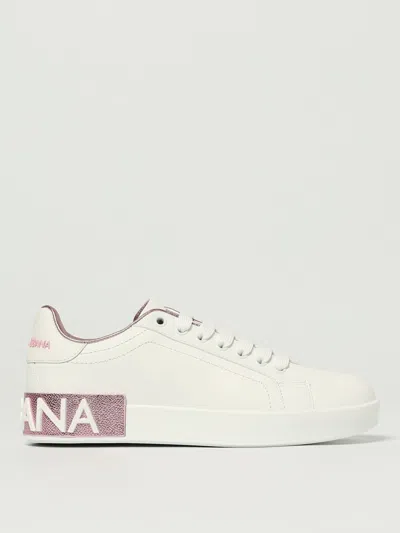Dolce & Gabbana Portofino Leather Sneakers In White And Pink In White