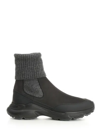 Tod's High Knitted Cuff Sneakers With Textured Upper And Chunky Sole In Black