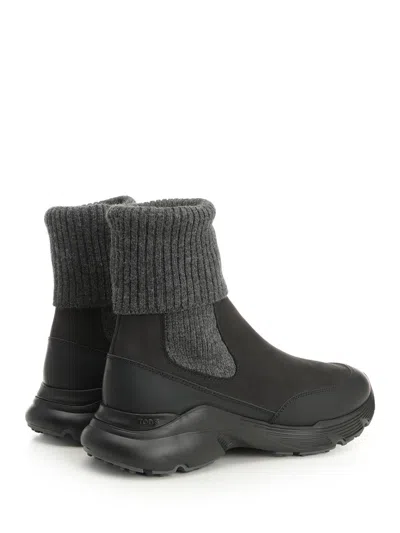 Tod's High Knitted Cuff Sneakers With Textured Upper And Chunky Sole In Black