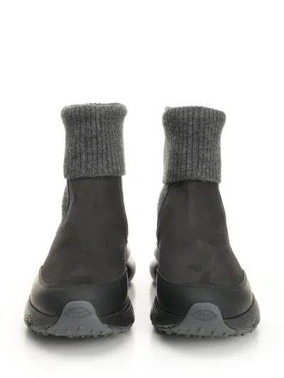 Tod's High Knitted Cuff Sneakers With Textured Upper And Chunky Sole In Black