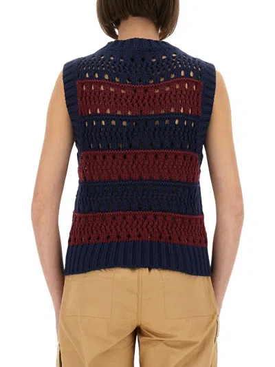 Ganni Striped Openwork Vest With Logo Inlay In Blue