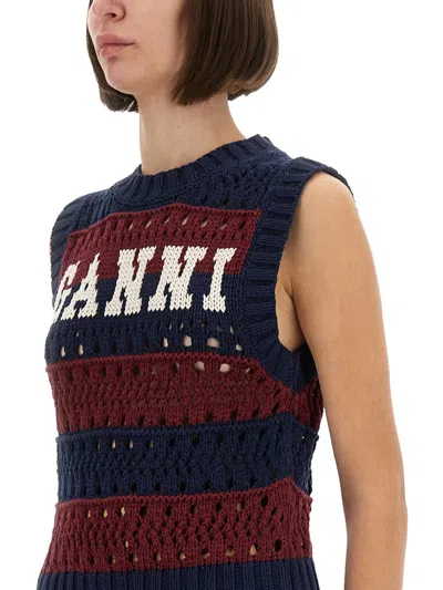 Ganni Striped Openwork Vest With Logo Inlay In Blue