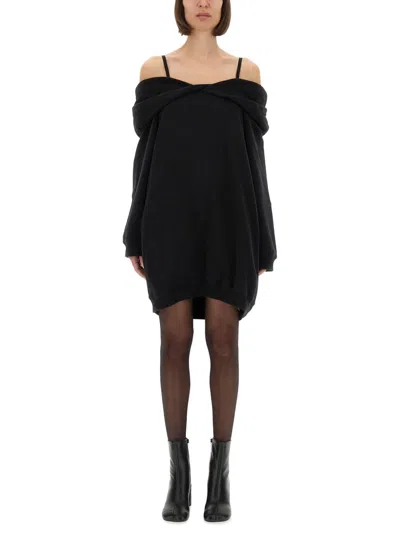 Mm6 Maison Margiela Mm6 By Maison Margiela Off-shoulder Black Sweatshirt Dress With Cozy Hood In Black