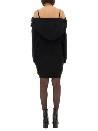 Mm6 Maison Margiela Mm6 By Maison Margiela Off-shoulder Black Sweatshirt Dress With Cozy Hood In Black