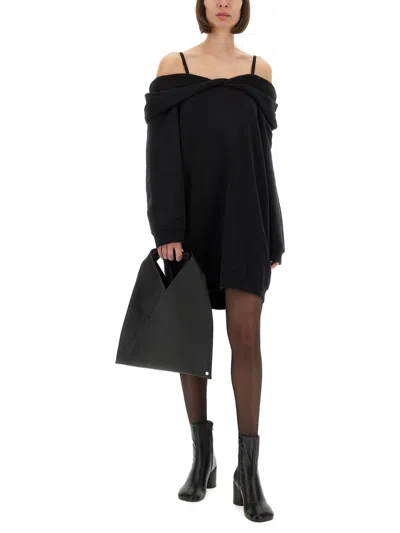 Mm6 Maison Margiela Mm6 By Maison Margiela Off-shoulder Black Sweatshirt Dress With Cozy Hood In Black