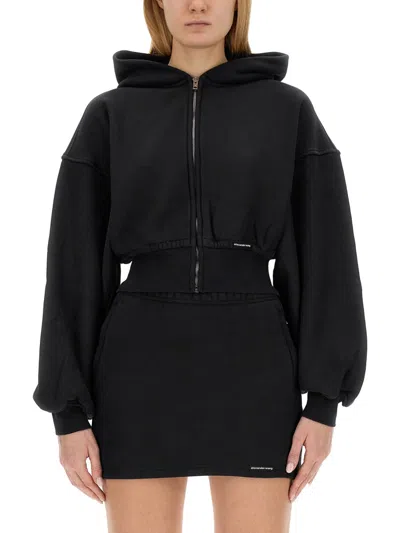Alexander Wang Cropped Cotton Terry Sweatshirt With Zip-up Front In Black