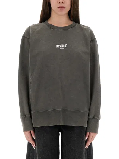 Moschino Crew Neck Graphic Print Knitwear In Gray