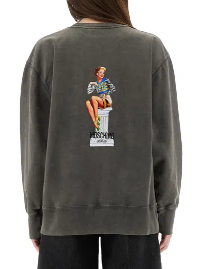 Moschino Crew Neck Graphic Print Knitwear In Gray