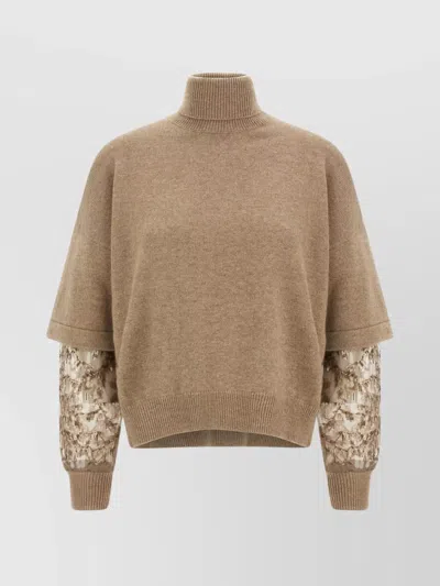 Brunello Cucinelli Cashmere Turtleneck Sweater With Sheer Sequined Sleeves In Brown
