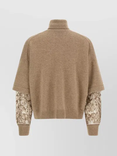 Brunello Cucinelli Cashmere Turtleneck Sweater With Sheer Sequined Sleeves In Brown