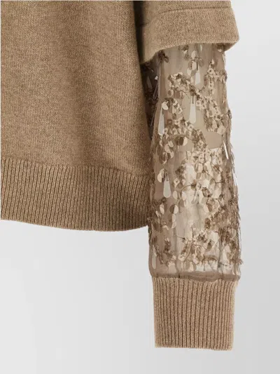 Brunello Cucinelli Cashmere Turtleneck Sweater With Sheer Sequined Sleeves In Brown