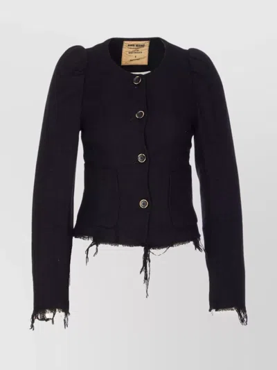 Uma Wang Distressed Frayed Hem Jacket With Front Pockets In Black