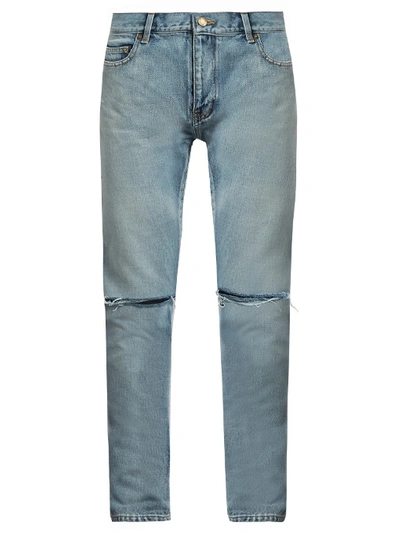 Saint Laurent Distressed Slim Fit Five-pocket Style Jeans In Blue