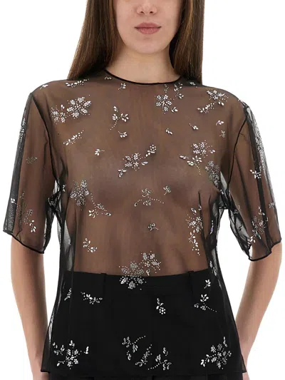 Rabanne Sheer Floral Embellished Short Sleeve Top In Black