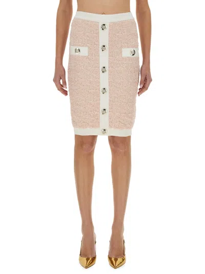 Balmain Textured Fabric Midi Skirt With Button Detailing In Neutral
